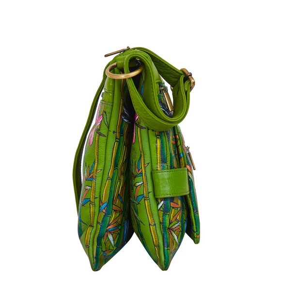 Hand-Painted Leather Women Green Multi-Compartment Crossbody Sling Bag - Picture 4 of 8